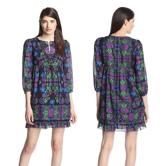 ANNA SUI Floral Deco Resort '14 Morning Glory Textured Cotton Silk Nouveau Dress - Picture 2 of 7